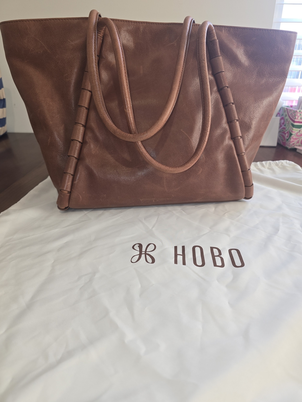 HOBO Phoebe Large Saddle Brown Leather Tote with Wrapped Strap Accents, Dust Bag